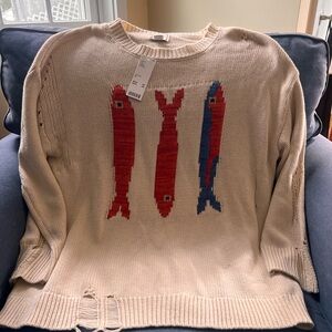 Fish Graphic Sweater Coastal Knit Cream Red Blue Size M NWT Nautical Cute